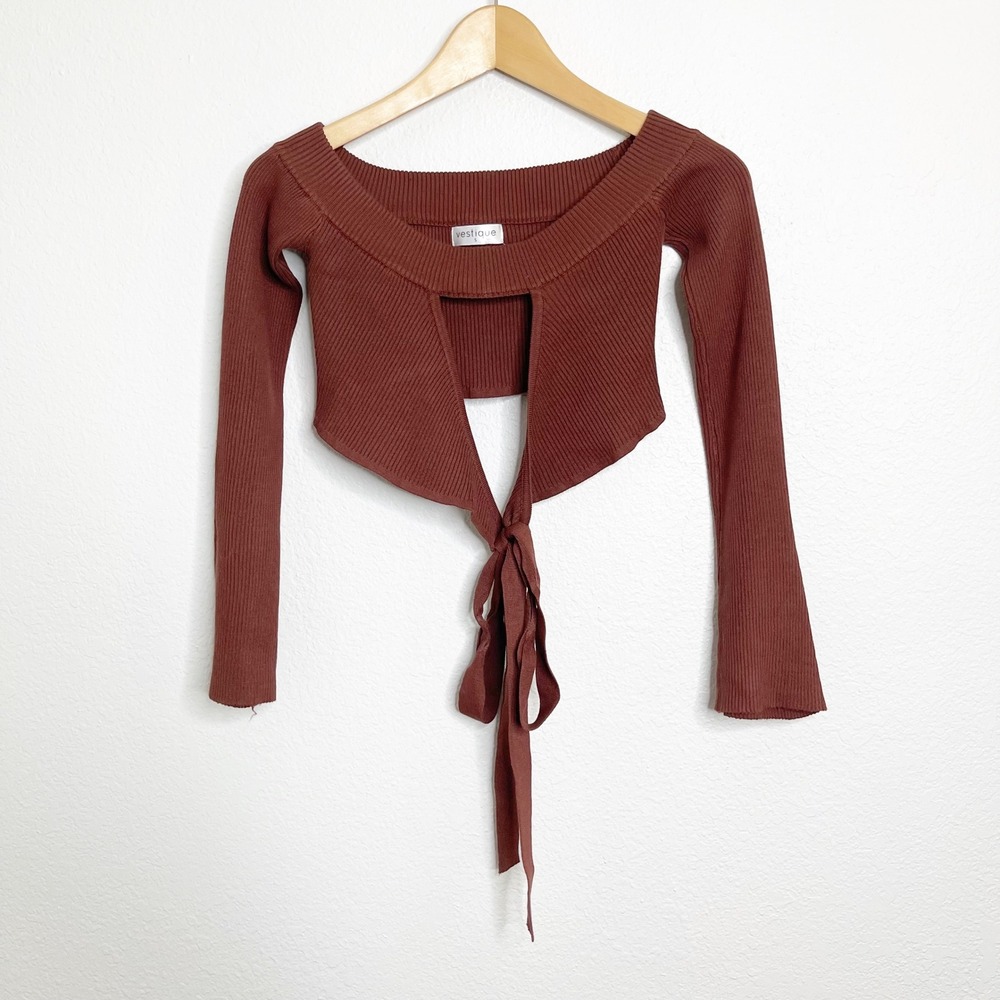 Vestique Brown Ribbed Long Sleeve Tie Front Cutout Crop Top Womens Small